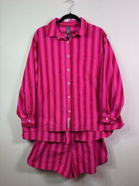 Savage x Fenty Pink Striped Kickback Button Down Long Sleeve Boxer Set 16/18